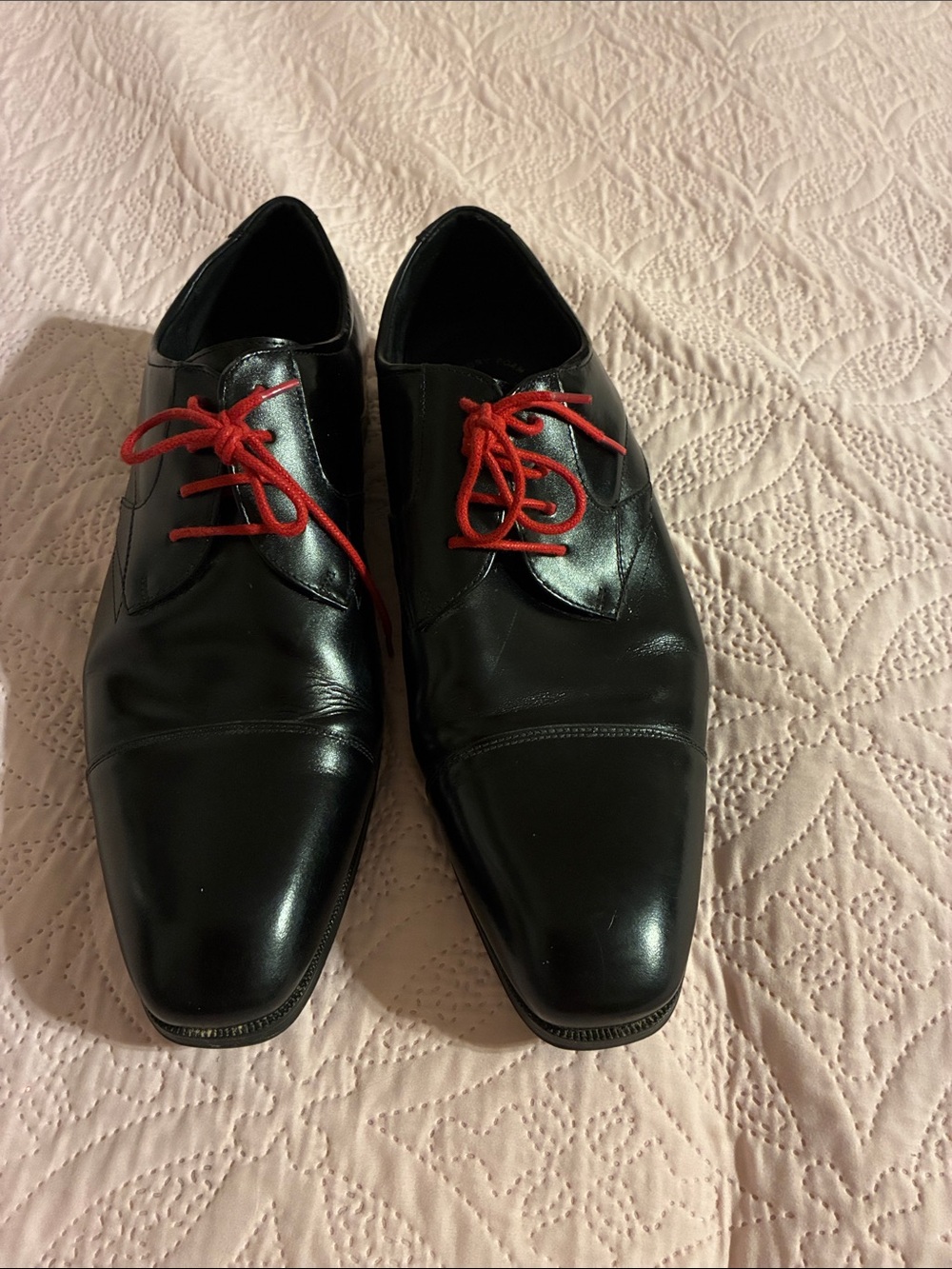 Black Leather Slip-On Loafers with Red Lace Accent